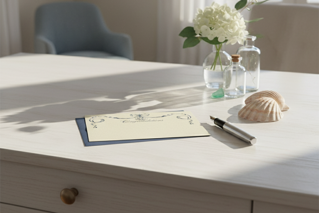 Close-up of fine cotton paper stationery from Longbourn stationery store, made with 100% Crane Lettra cotton paper for elegant handwritten letters and timeless correspondence.