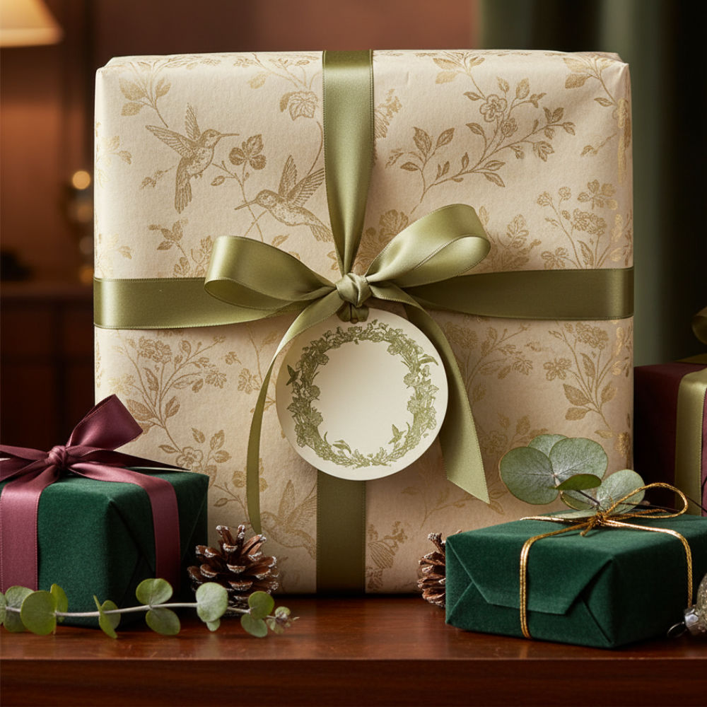 Letterpress gift tags and satin ribbon arranged on a hunter green ground